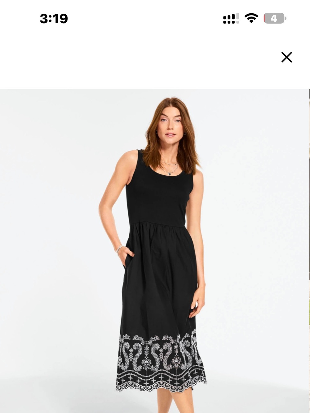 Talbots Black Sleeveless Midi Dress with White Embroidered Hem